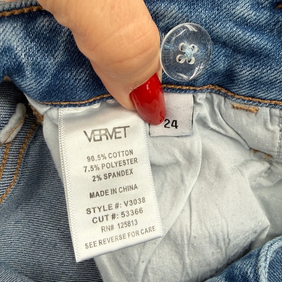 Vervet Los Angeles Crossover Waist Flare Jeans Light Wash Distressed Raw Hem 24 - Picture 8 of 13